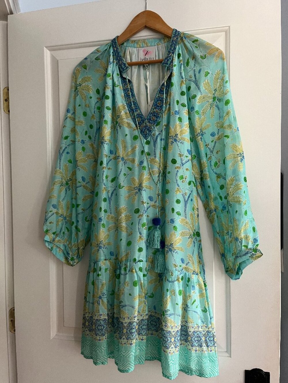 NWT Bella Tu $295 Turquoise Beaded Sequin Palms Peasant Dress Womens M - Picture 5 of 10